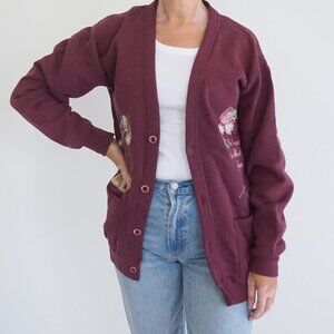 Vintage B-Wear Maroon Apple Floral Embroidered Cardigan Teacher Cabincore S